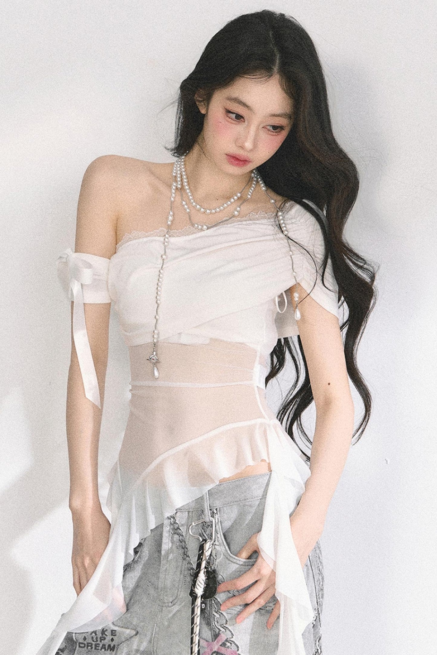 Sheer Mesh Off Shoulder T-Shirt