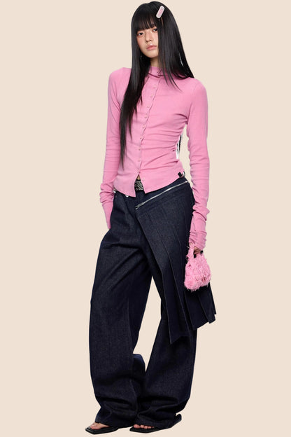 Detachable Pleated Denim Skirt Pants