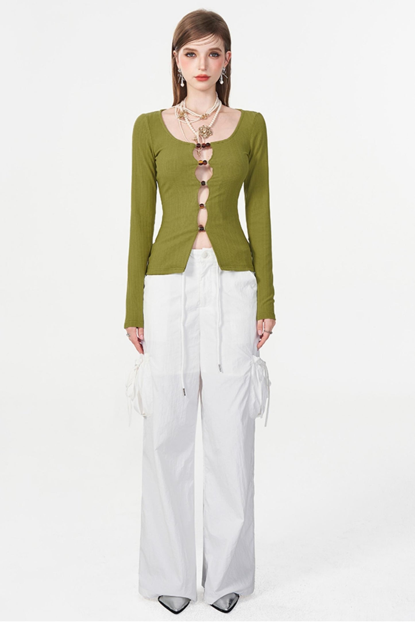 Color Beaded U-Neck Long Sleeve Tee