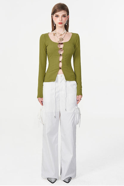 Color Beaded U-Neck Long Sleeve Tee