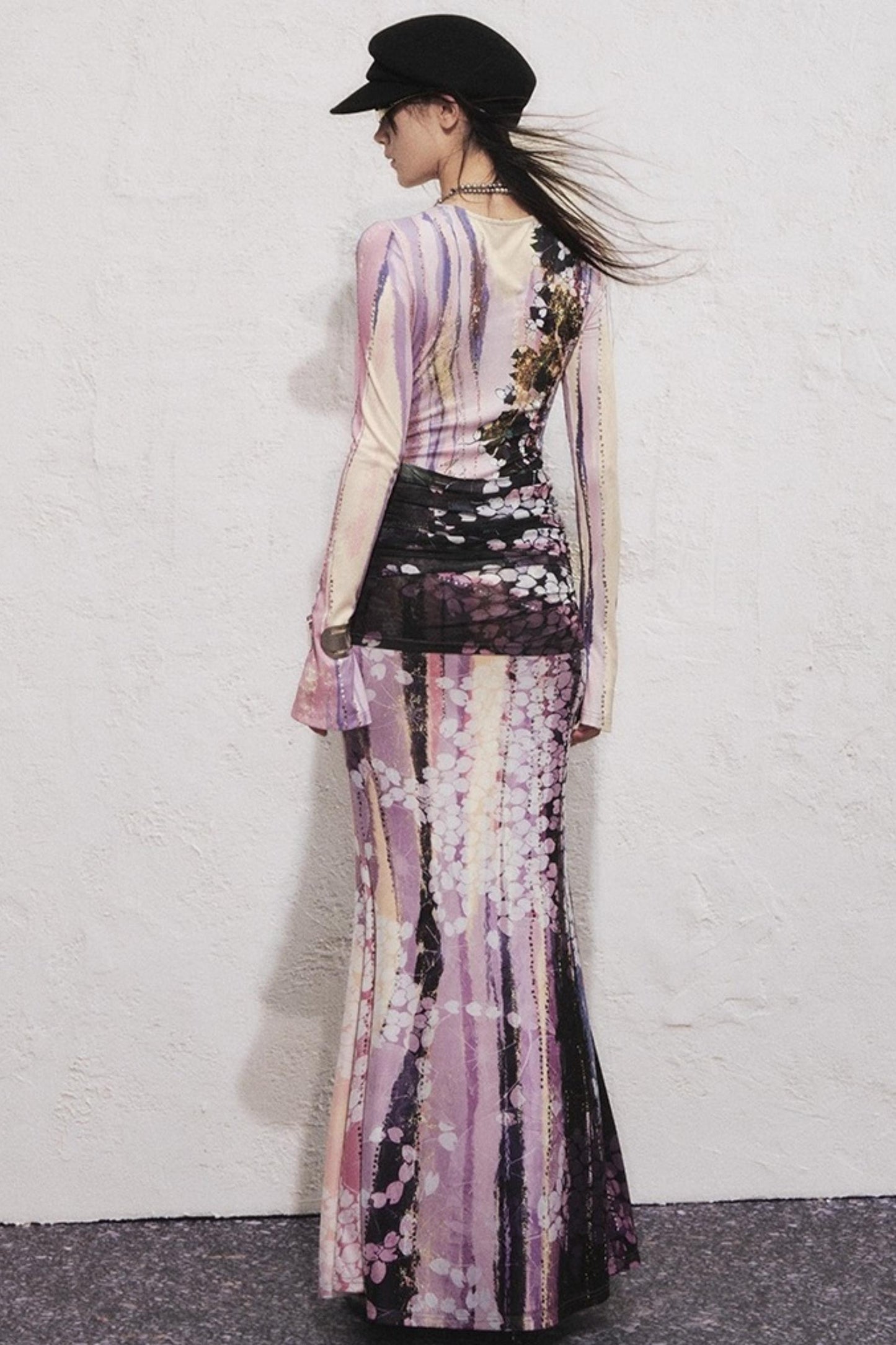 Lotus Print Fake Two-Piece Mermaid Dress