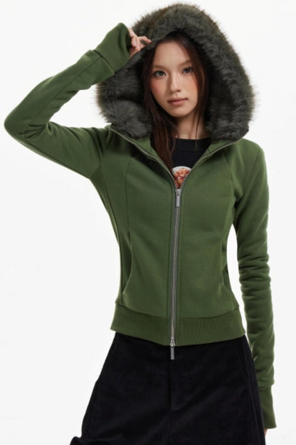 Fur Collar Slim Cotton Hooded Jacket