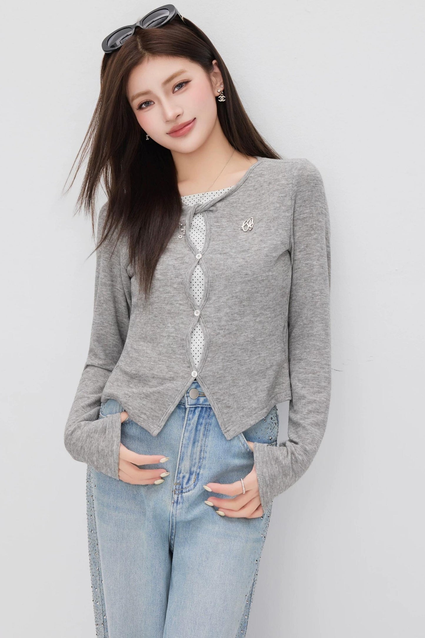 Hollow-Out Polka Dot Blouse Set-Up