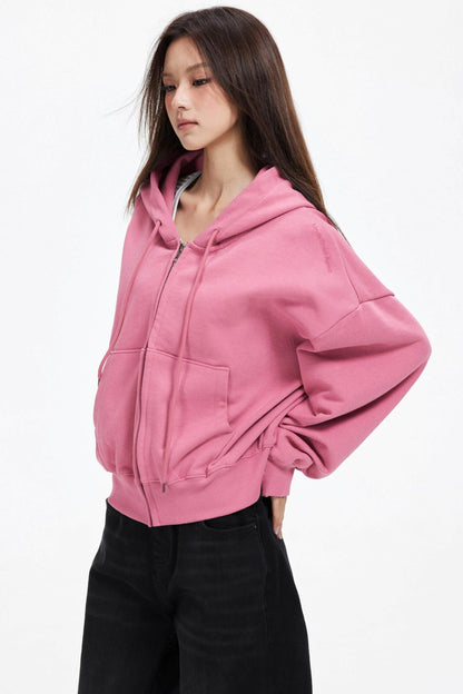 Cropped Hooded Cardigan Zip Jacket