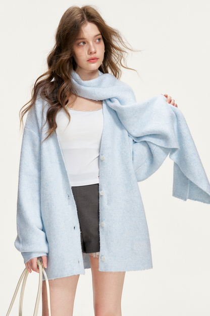 Cloudy Stroll Wool Cardigan Scarf Set