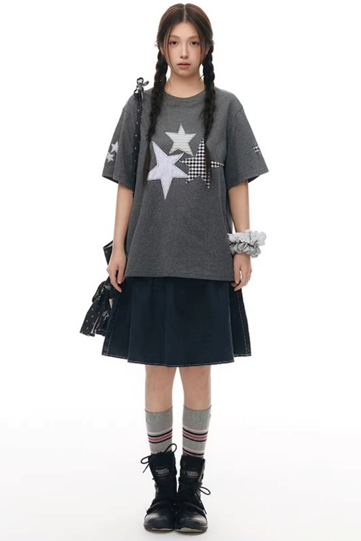 Pleated Denim A-Line Skirt