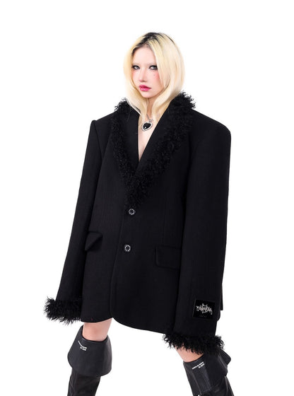 Shoulder pads breasted woolen black jacket