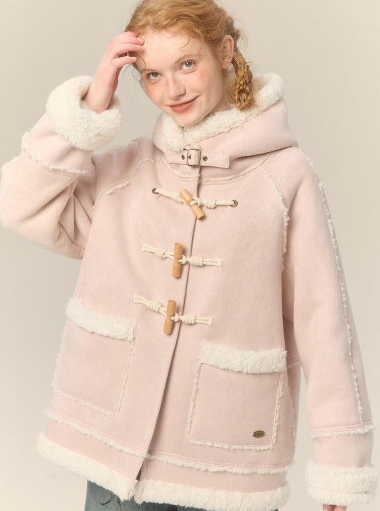 Hooded Horn Buckle Fur Jacket