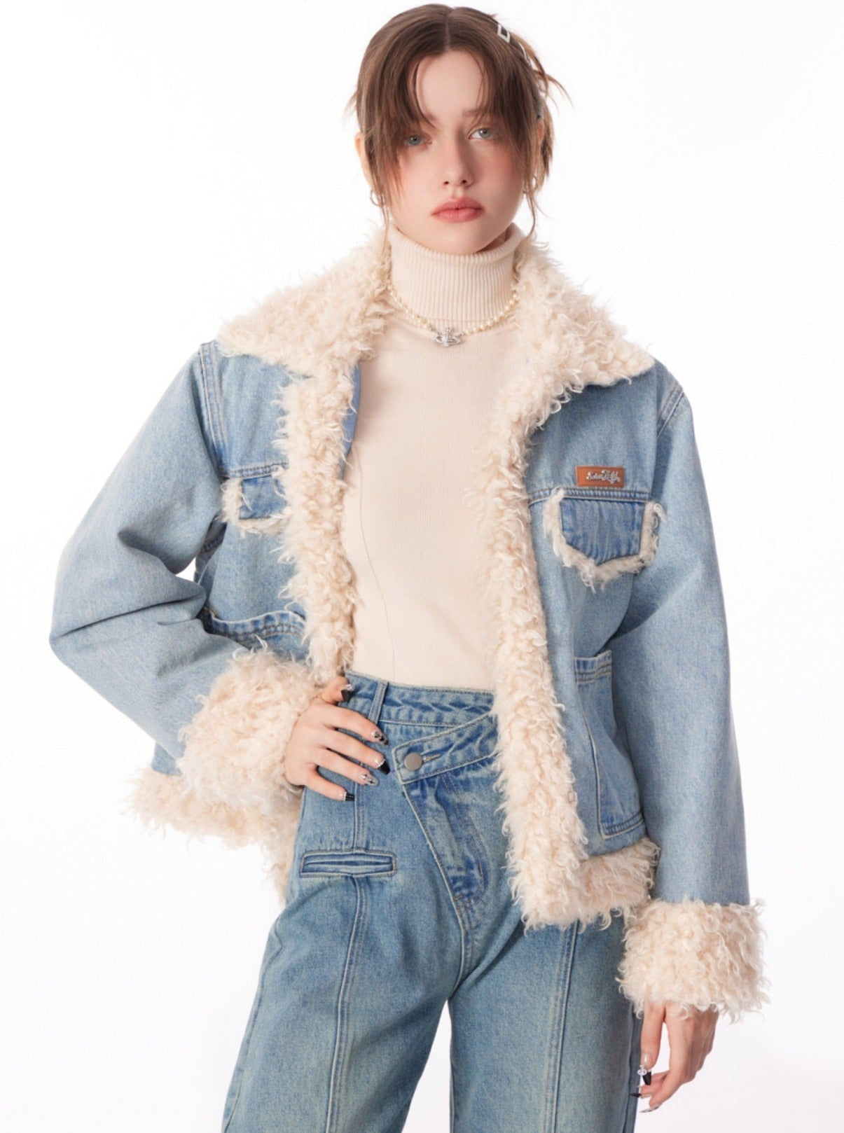 American thickened cotton denim lamb wool coat