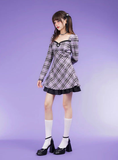 Plaid A-Line Bubble Long-sleeved Lace Dress