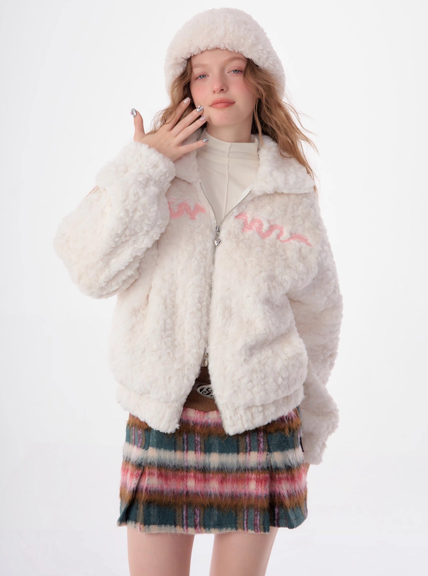 American dragon embroidery lamb wool coat