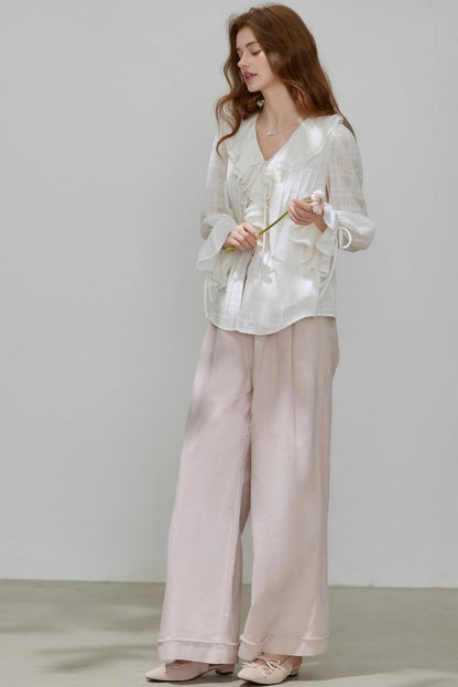 White V-Neck Ruffled French Top Shirt