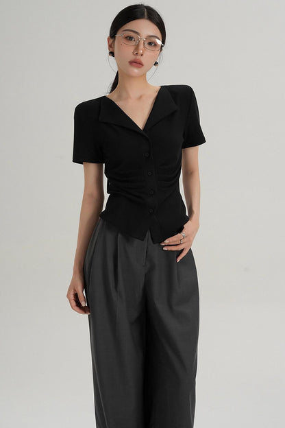 Pleated V-Neck Blouse