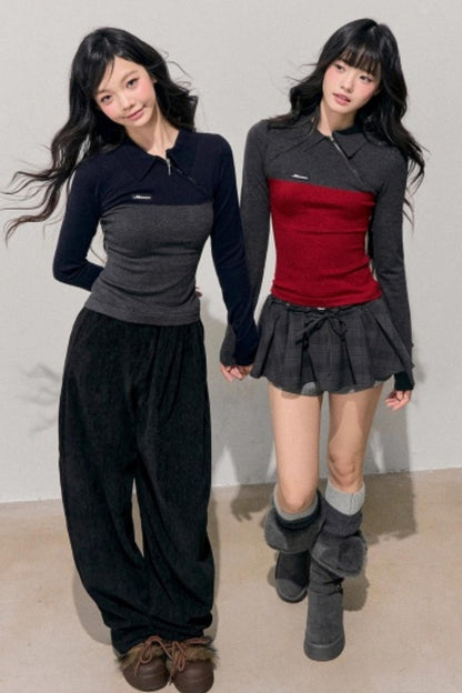 American Long-Sleeve Polo Collar Knit Top