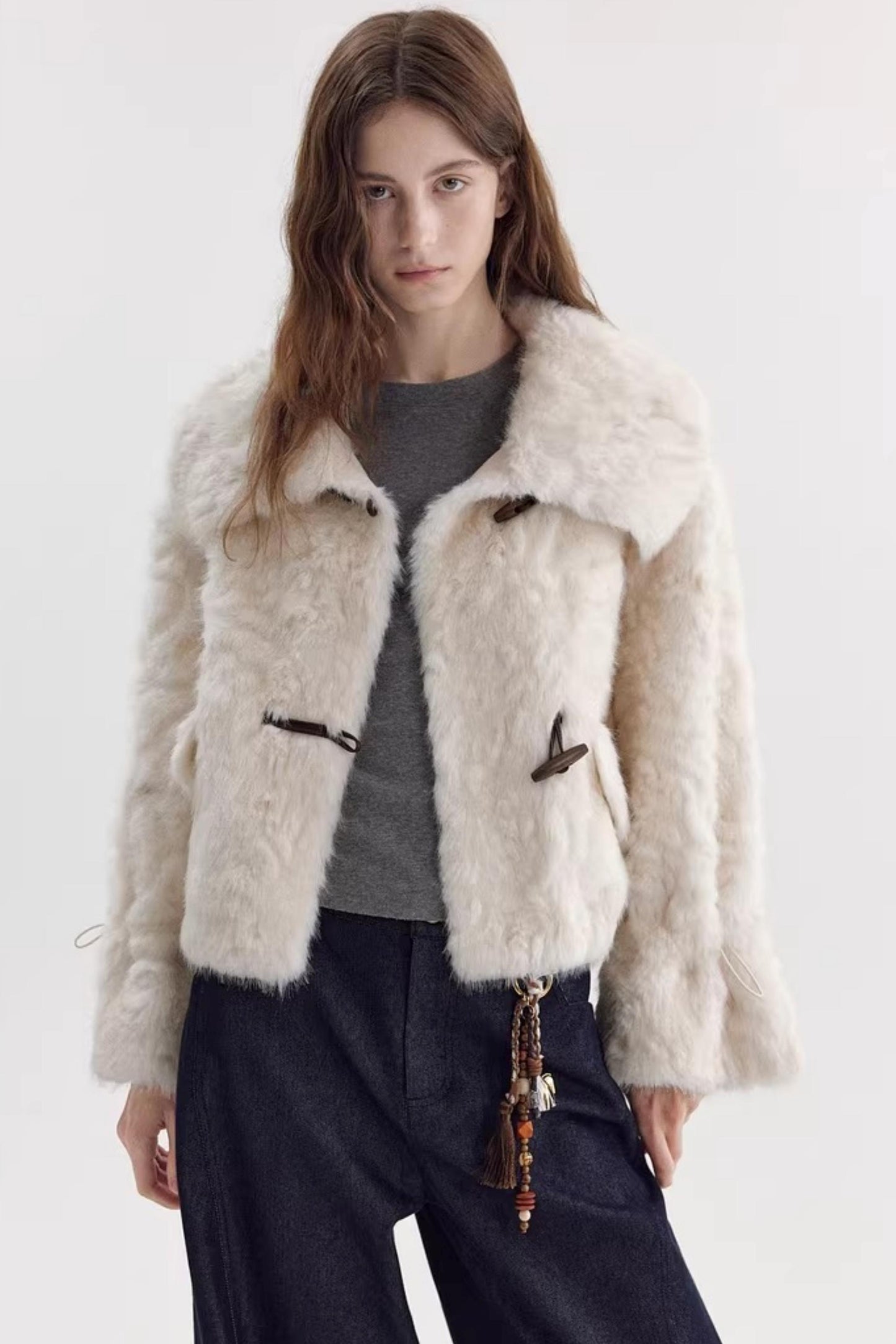 Imitation Horn Button Faux Fur Jacket