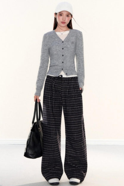 Plaid Woolen Wide-Leg Pants