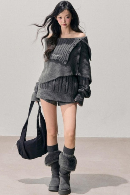 One-Shoulder Knitted Sweater Set