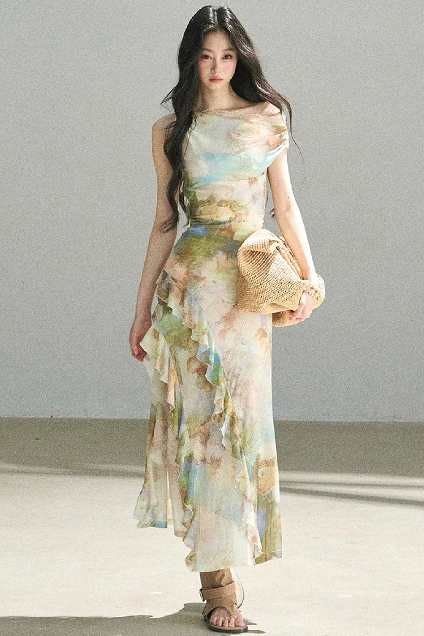 Französisches schulterfreies Kleid im Ölgemälde-Stil