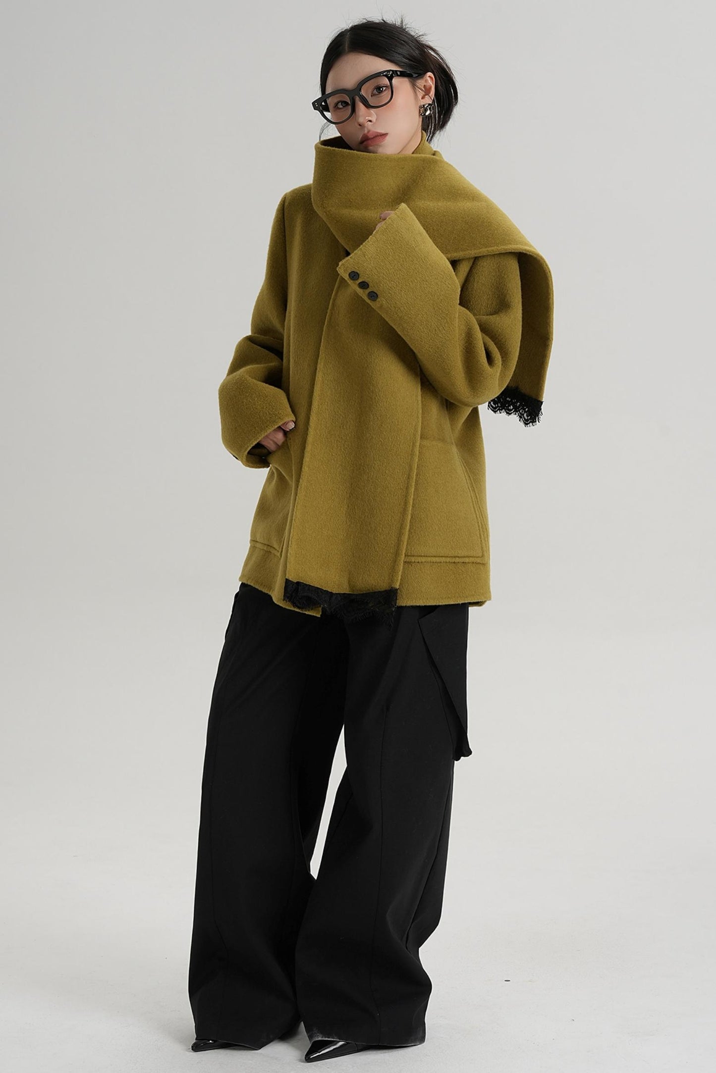 Scarf Patchwork Lace Woolen Coat