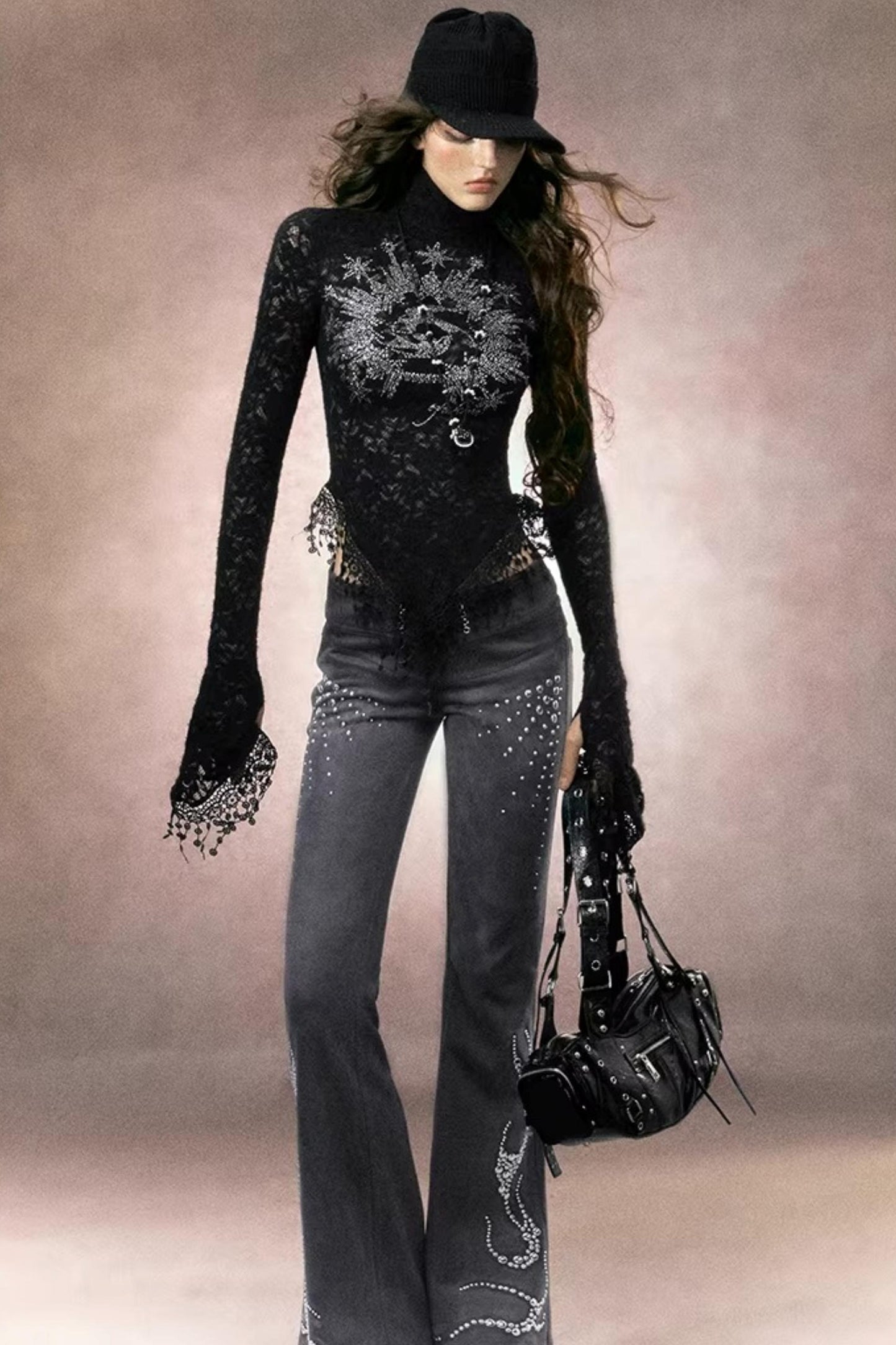 Retro Rhinestone Flared Pants