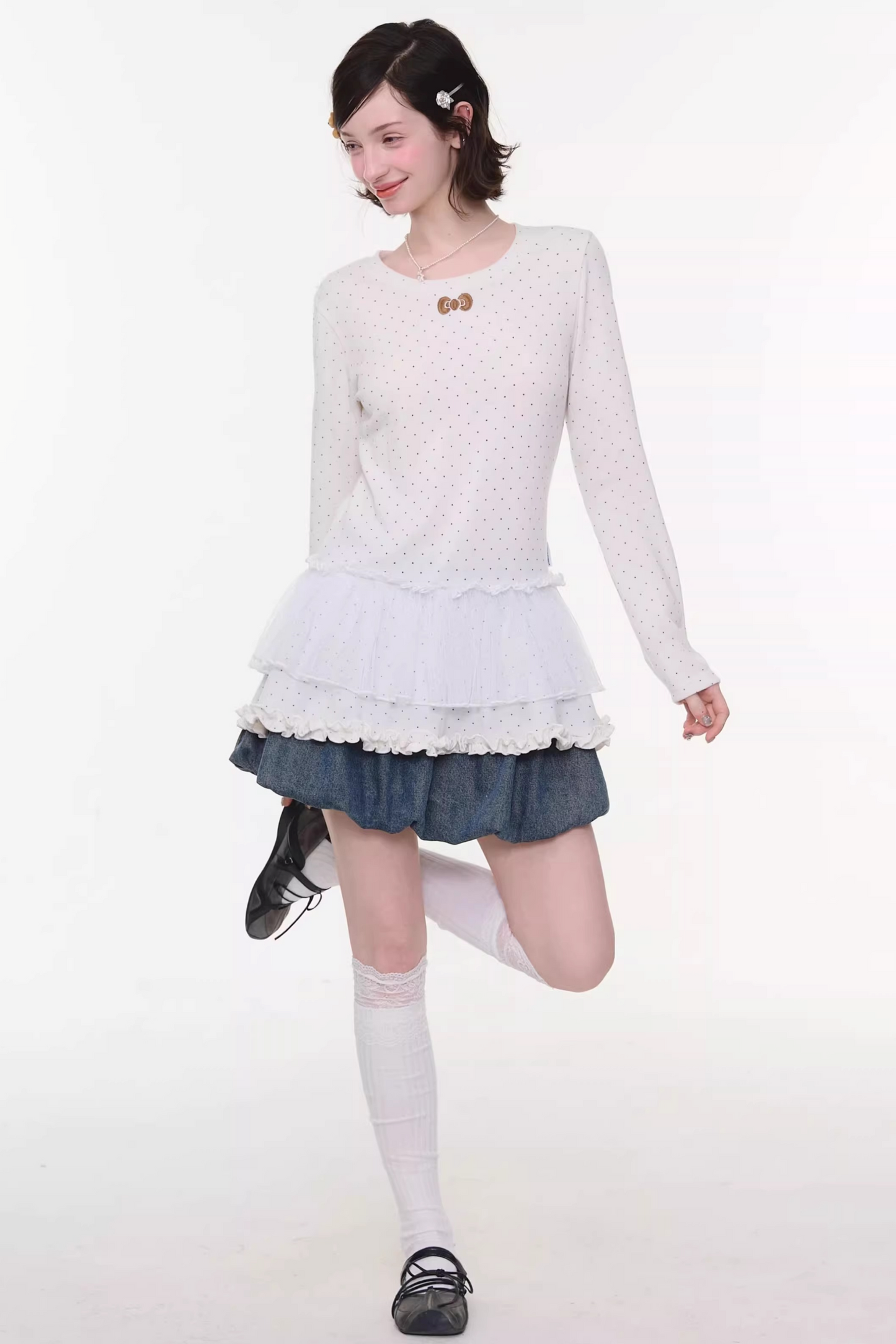 Lace Pleated Polka Dot Top