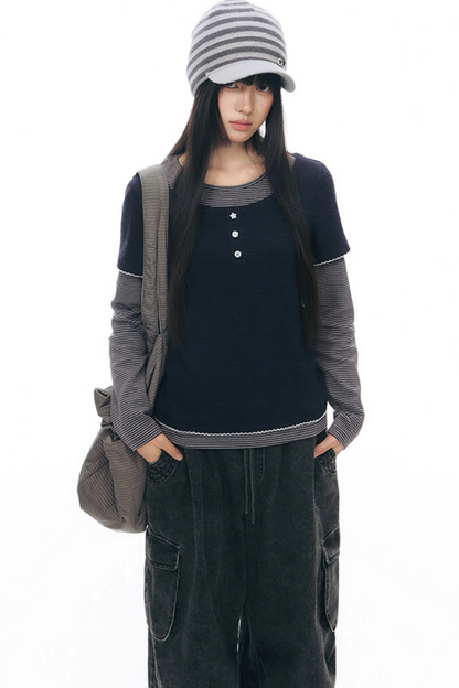 Henley Collar Fake Two-Piece Top