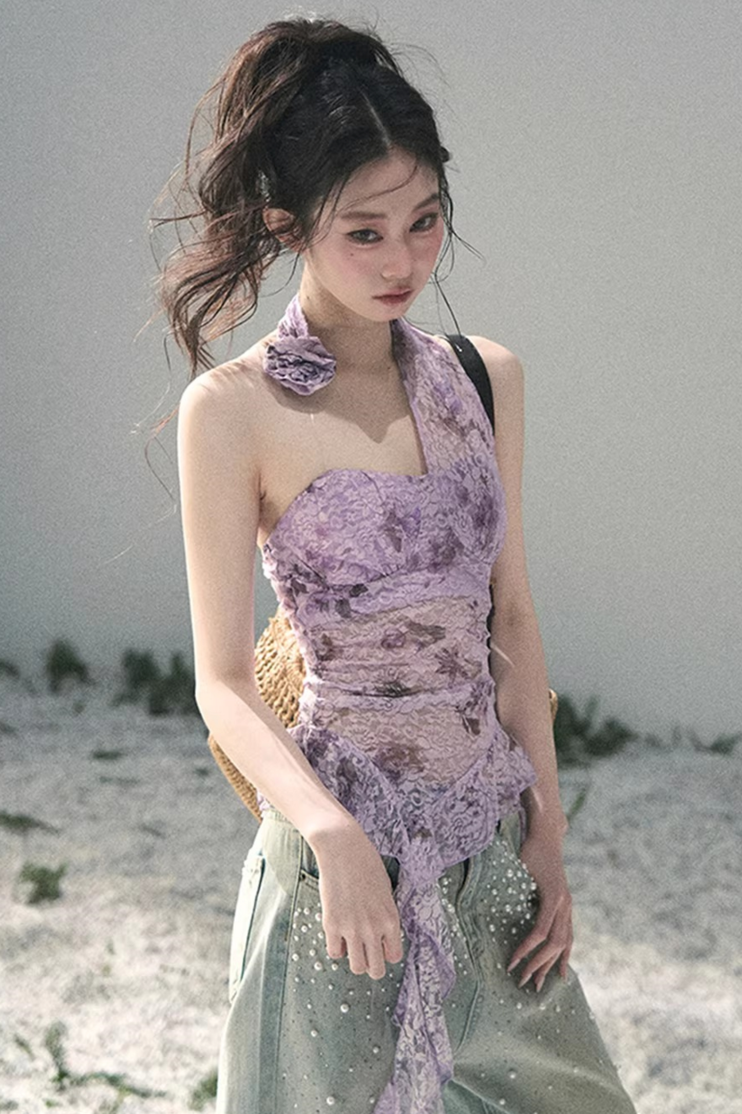 자주색 바우히니아 리본 탑