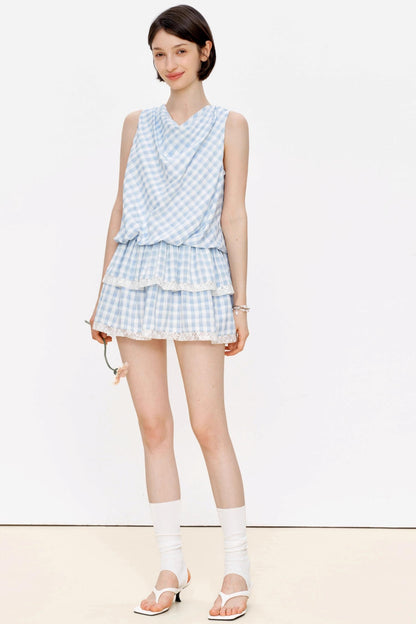 Blue Plaid Lace A-Line Dress