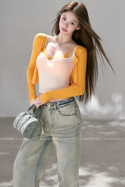 Textured Knit Cardigan Tank Top Three-Piece Set-Up