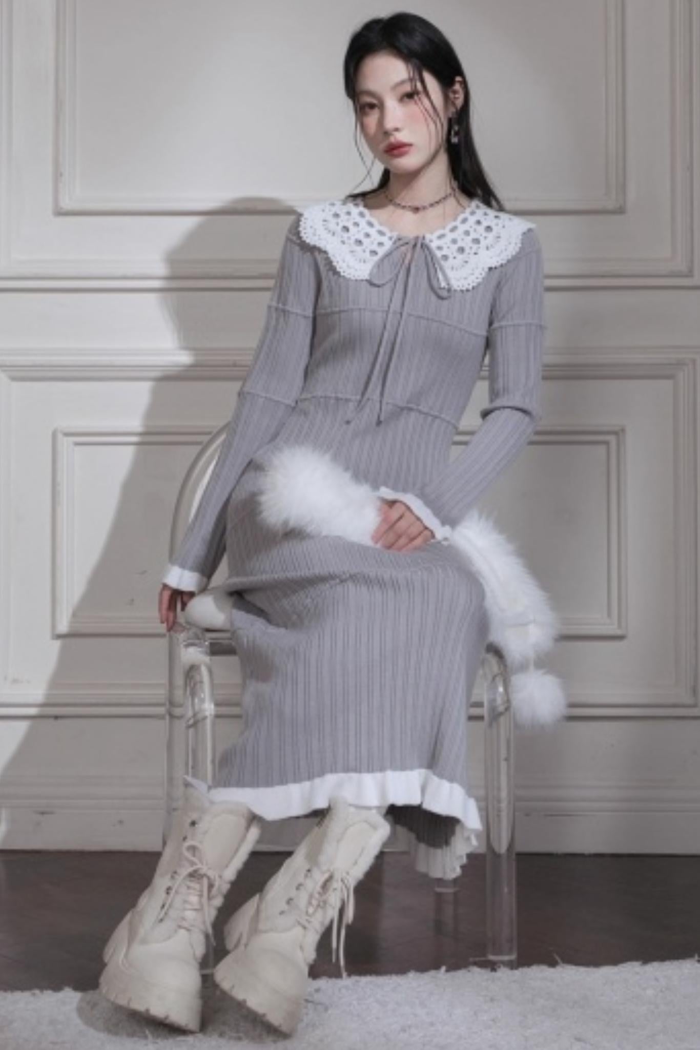 Mist Gray Lace Wool Dress