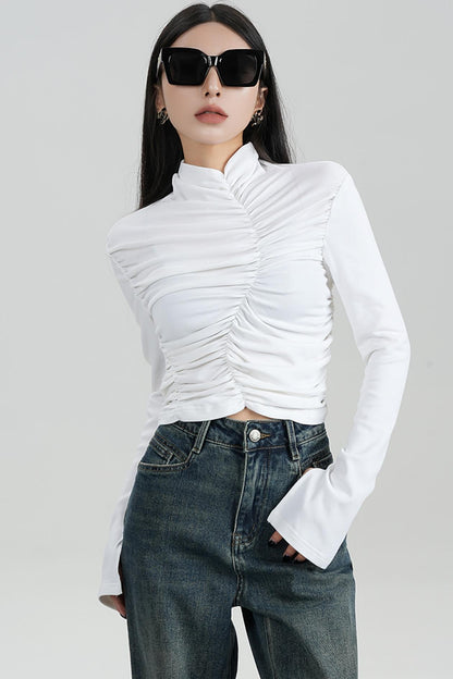 SRYSAME's fashionable design, pleated high-waisted base layer, T-shirt, long-sleeved top, autumn new women's wear