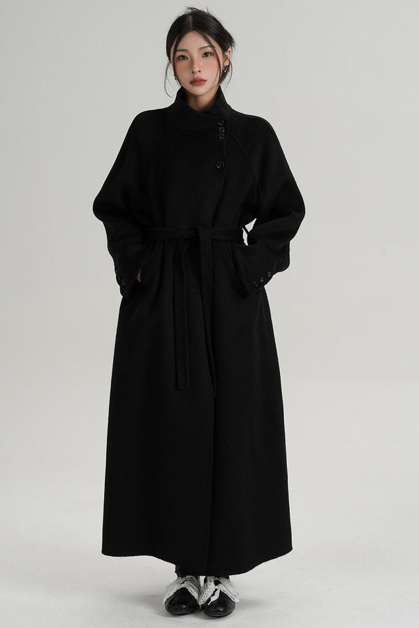 Diagonal Collar Woolen Long Coat