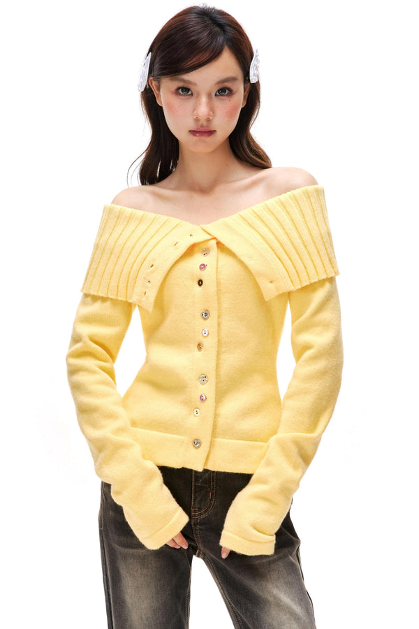 Colorful Button Off-Shoulder Knit Sweater
