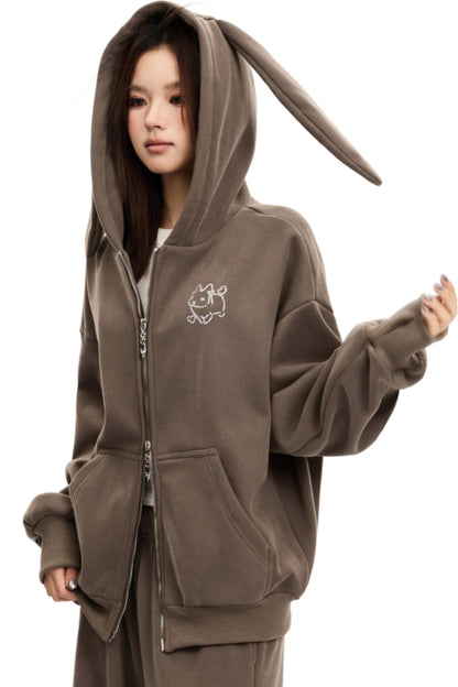 Bunny Ears Hooded Cardigan & Wide Pants Set-Up