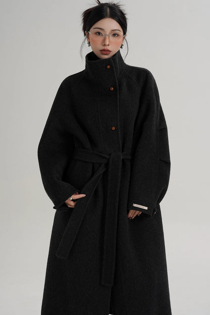 Elegant High-Neck Long Wool Coat