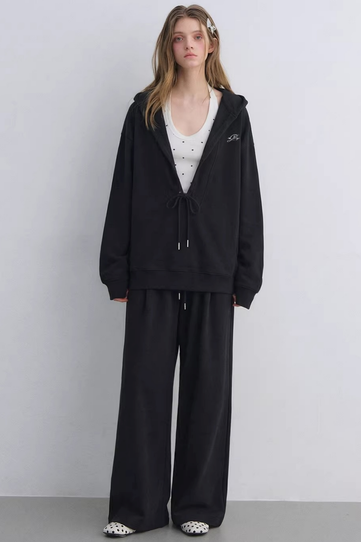 Polka Dot Hooded Vest Sweatshirt Set-Up