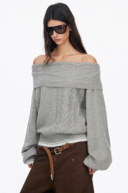 Off-Shoulder Color-Blocked Knit Sweater