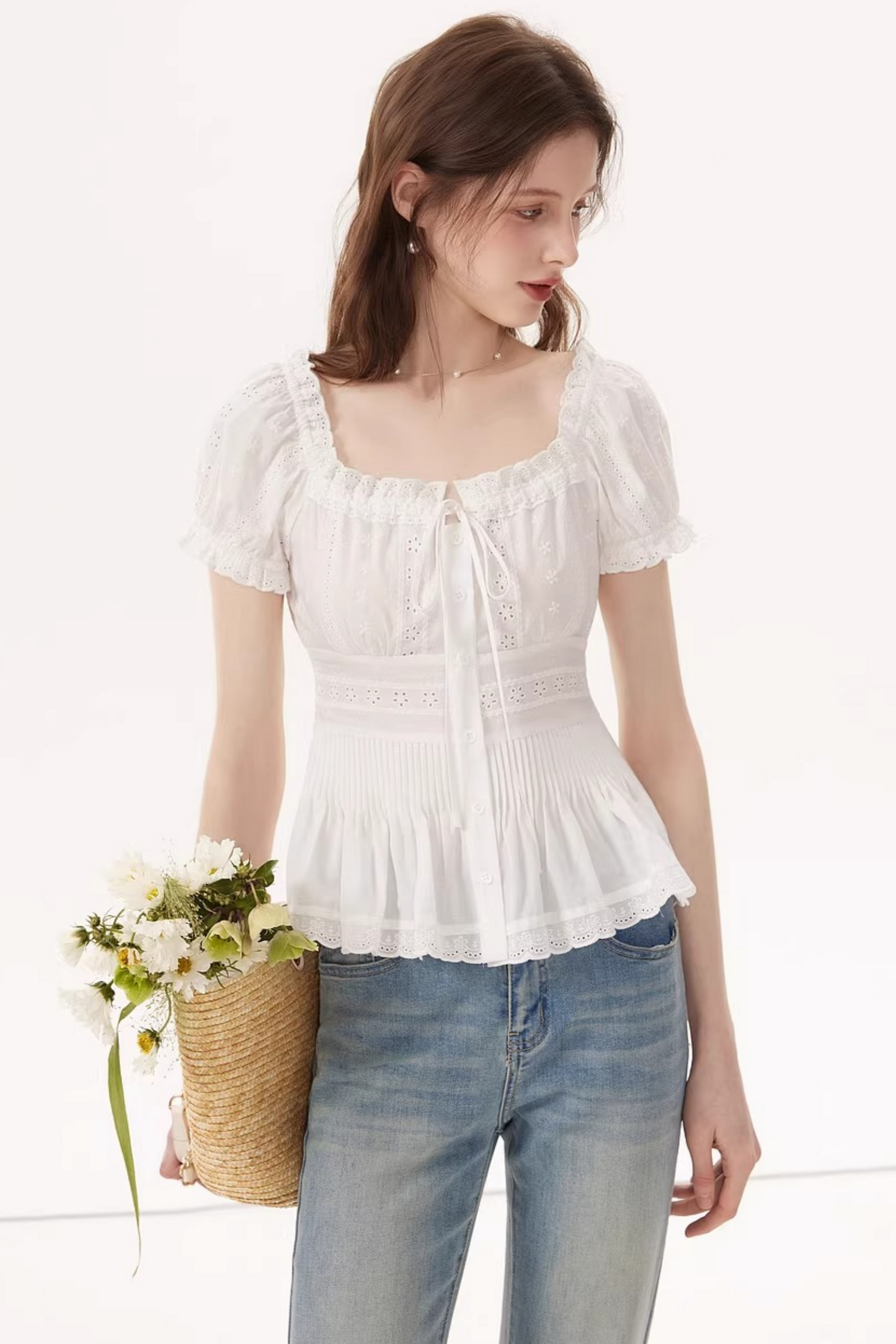 White Ruched Square-Neck Blouse