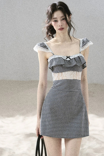 French Lace Plaid Summer Dress