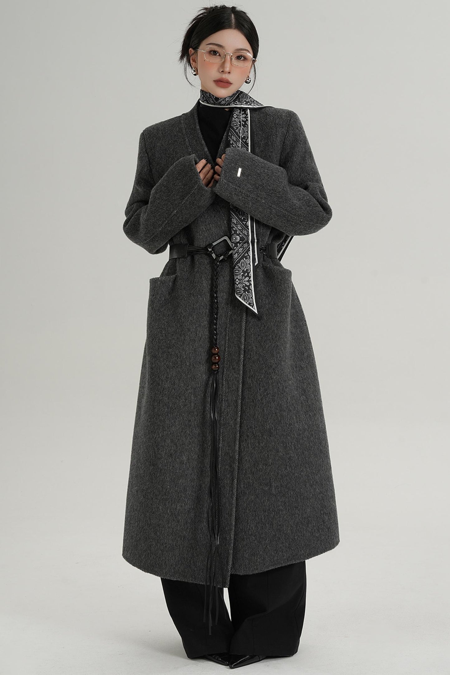 V-Neck Wool Trench Coat