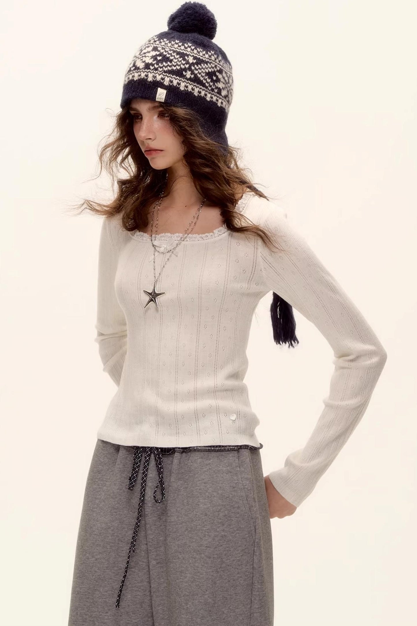 Lace-Trimmed Bow Hollow Knit Top