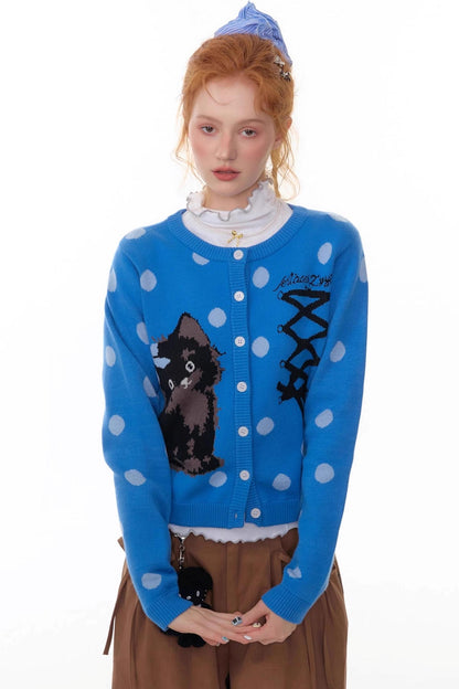 Blue Cat Polka Dot Knitted Cardigan