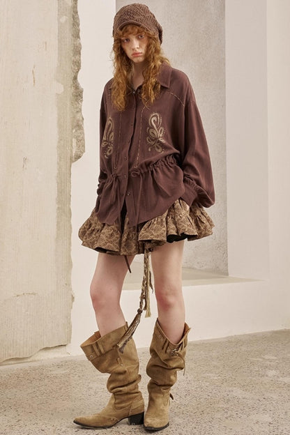 Vintage Striped Suede Embroidered Shirt