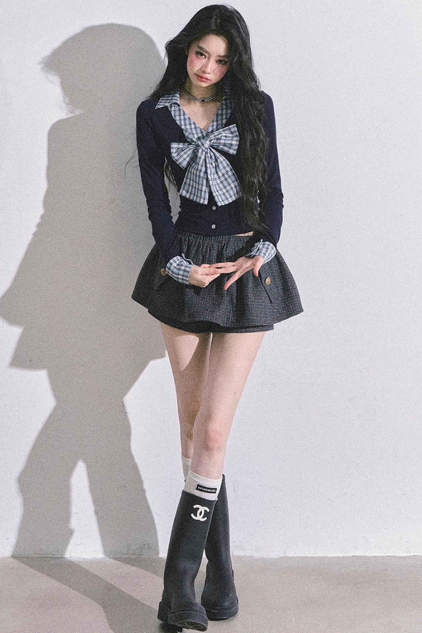 American Long-Sleeved Bow Plaid T-Shirt