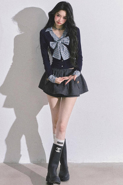 American Long-Sleeved Bow Plaid T-Shirt