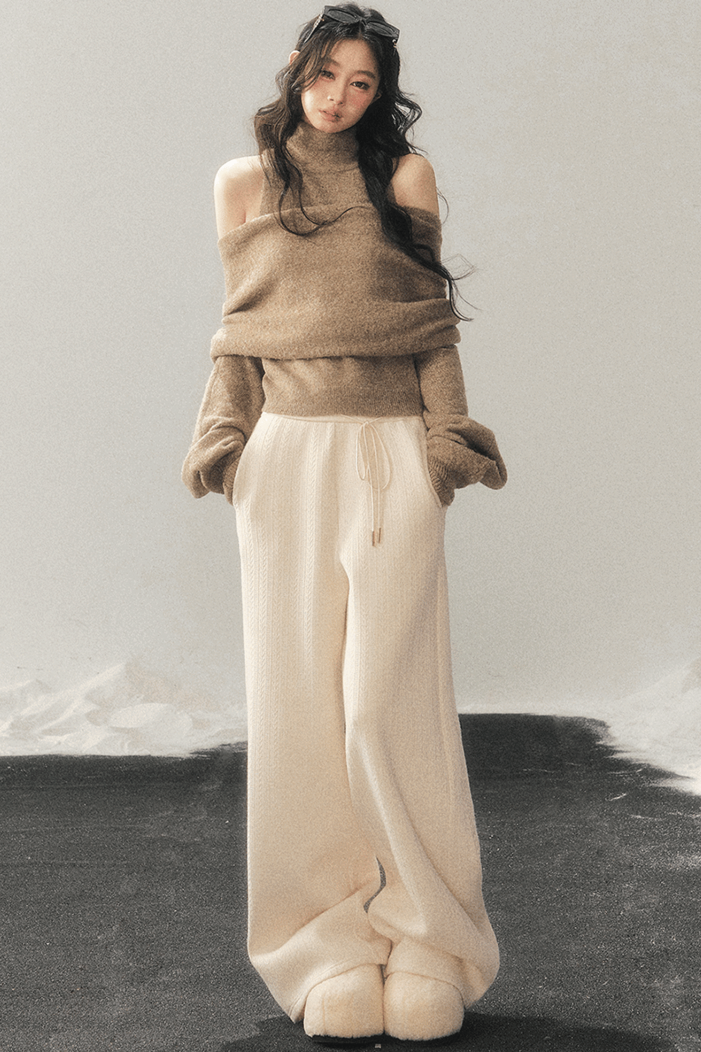 High-Neck Off-Shoulder Knit Sweater Set