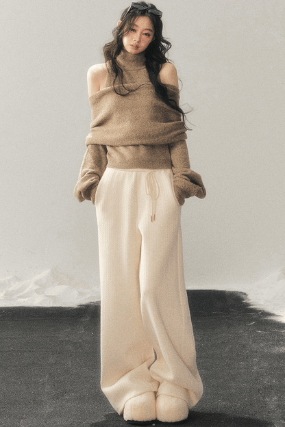 High-Neck Off-Shoulder Knit Sweater Set