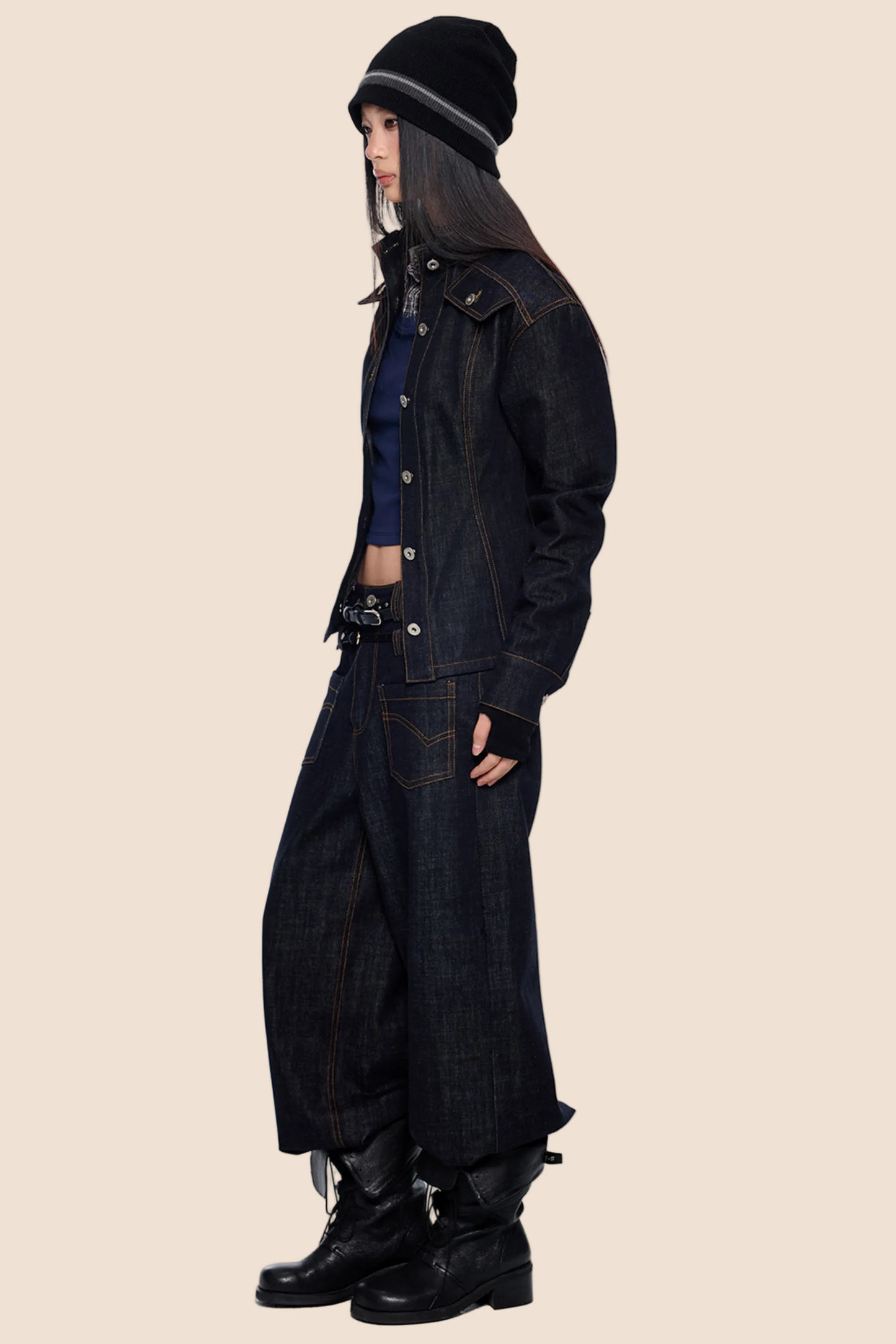 Wide-Shoulder Denim Jacket Set-Up
