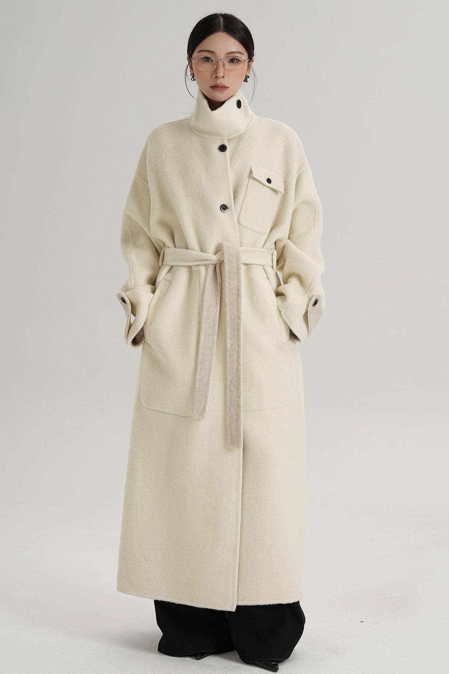 Temperament Design Color-Blocking Woolen Coat