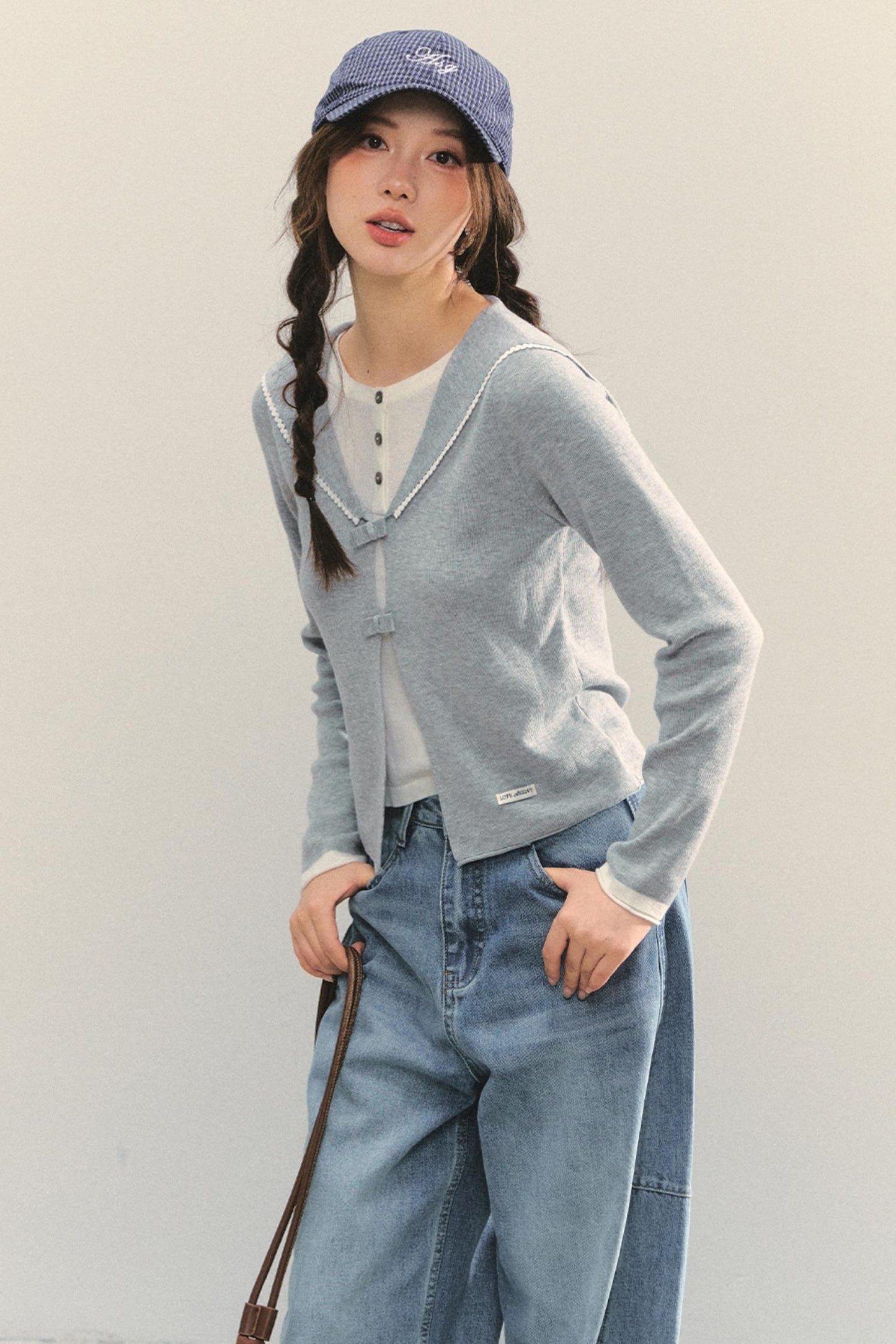 Sweet Navy Neck Knit Cardigan